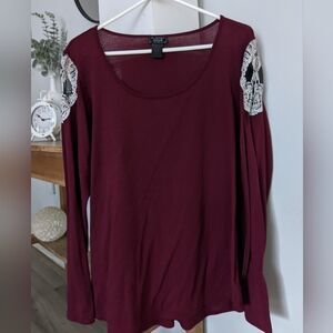 Burgundy Skull Lace Crochet Shoulder Accent Women's Top‎ Goth Size 1X